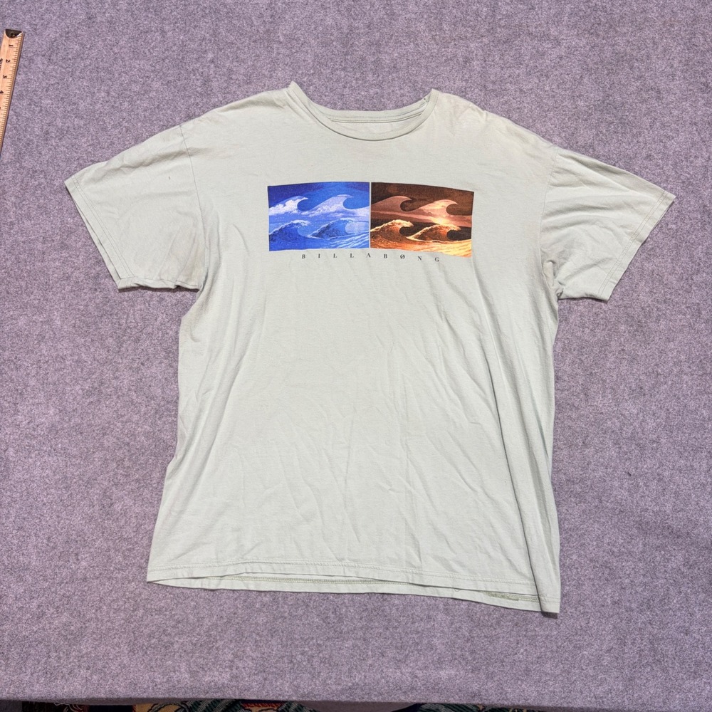 Billabong Mens XL Organic Cotton Graphic T-Shirt Sage Green Wave Sunset Anvil